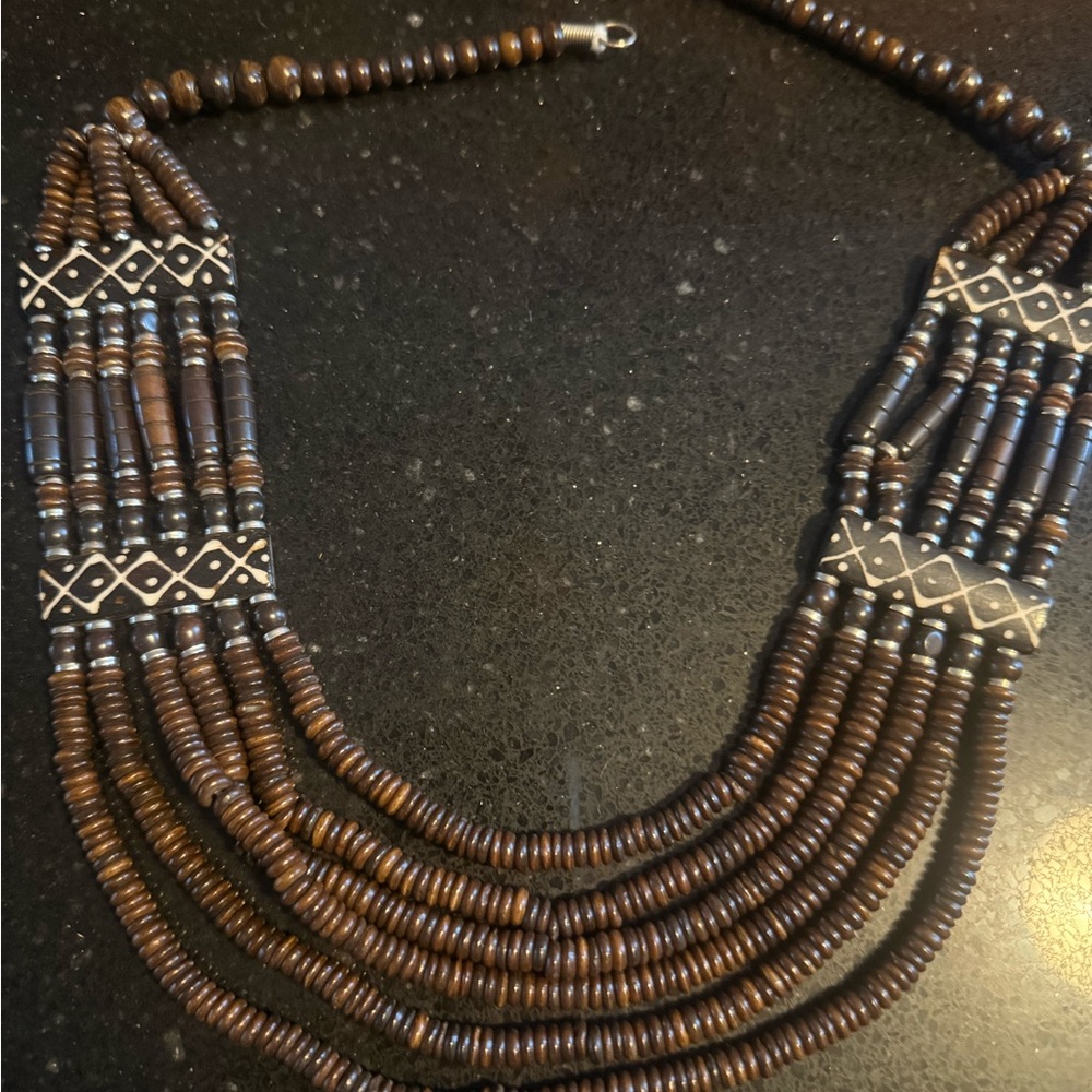 Amazing tribal Brown wood and bone Beaded Necklace one of a kind